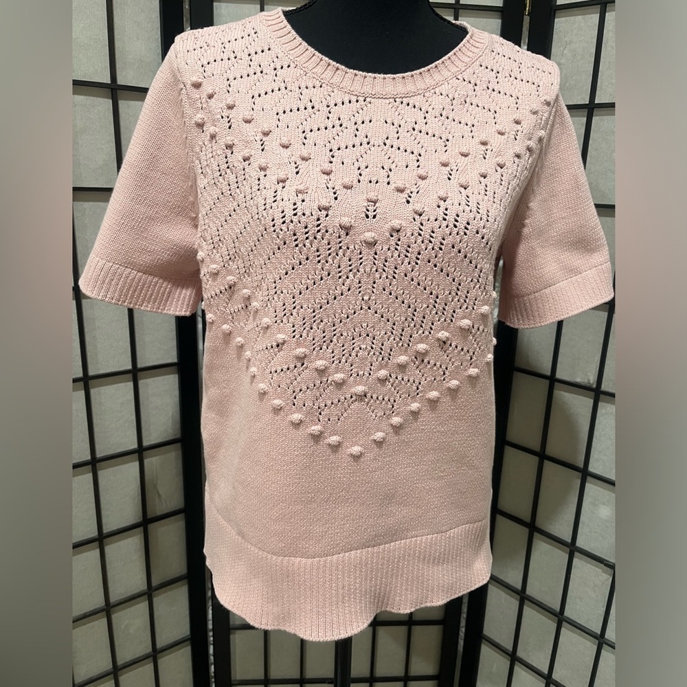 Talbots Light Pink CREWNECK SHORT SLEEVE OPEN STITCH SWEATER, MOMCORE, SIZE M. - Picture 5 of 9